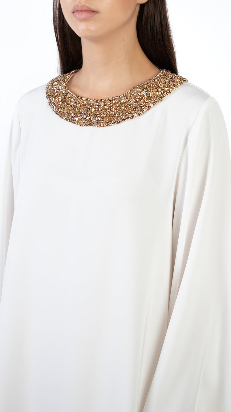 Golden Crystals Embellished Neck Detail Dress