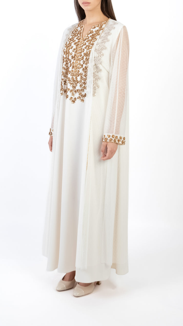 Sequin Embellished Moroccan Buttons Detail Dress with Tulle Coat