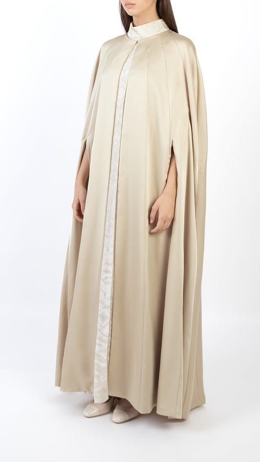 Box Pleat Detail High Neck Dress with Front Open Cape